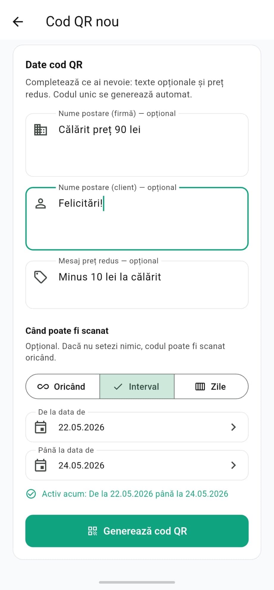 Ecran Hostera24 — creare cod QR pentru campanie